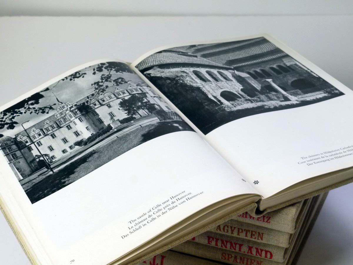 mwclassiccameras-20250530-190 Seven Anglo-Italian Publication Book of Photographs - "France", "Spain", "Finland" "Egypt", "Italy", "Germany" & "Switzerland" c1970's, Hardbound with Yellow fabric covering, in English, French & German
