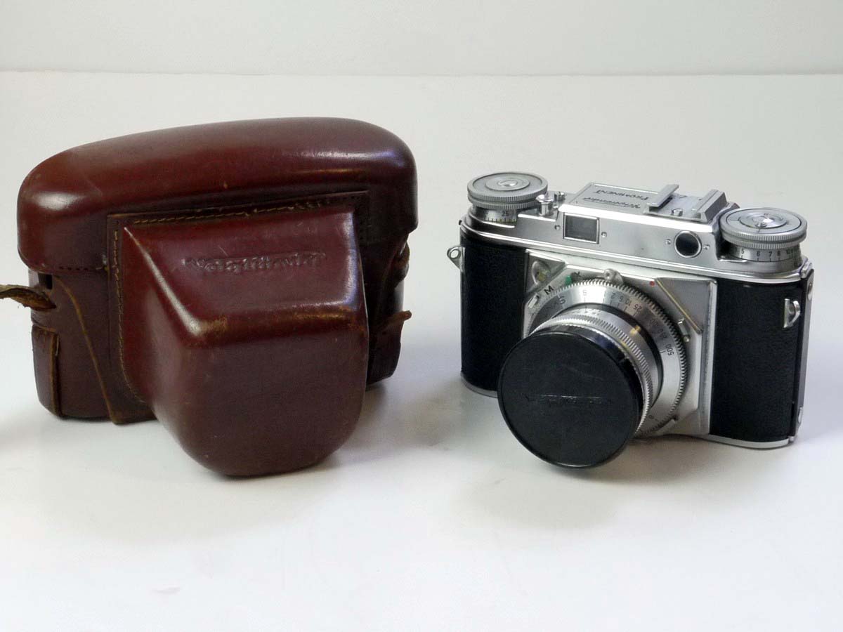 mwclassiccameras-20250530-25 Voigtlander Prominent I 35mm Coupled Rangefinder camera body, knob-wind + 50mm f3.5 Color-Skopar interchangeable lens, VL front cap & ER case