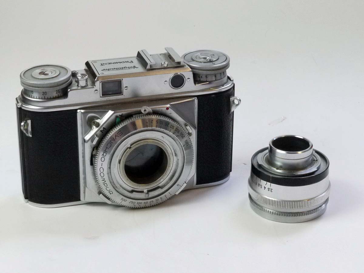 mwclassiccameras-20250530-30 Voigtlander Prominent I 35mm Coupled Rangefinder camera body, knob-wind + 50mm f3.5 Color-Skopar interchangeable lens, VL front cap & ER case