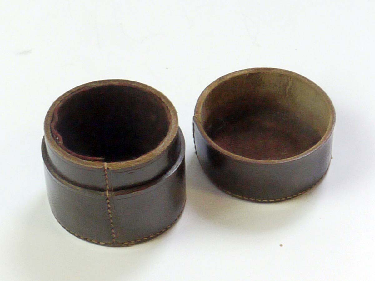 mwclassiccameras-20250530-41 Fed early vintage brown leather small lens case (Top & rear sections) for early Leica Copy lens (50mm) or Accessory. 55x55mm. RARE