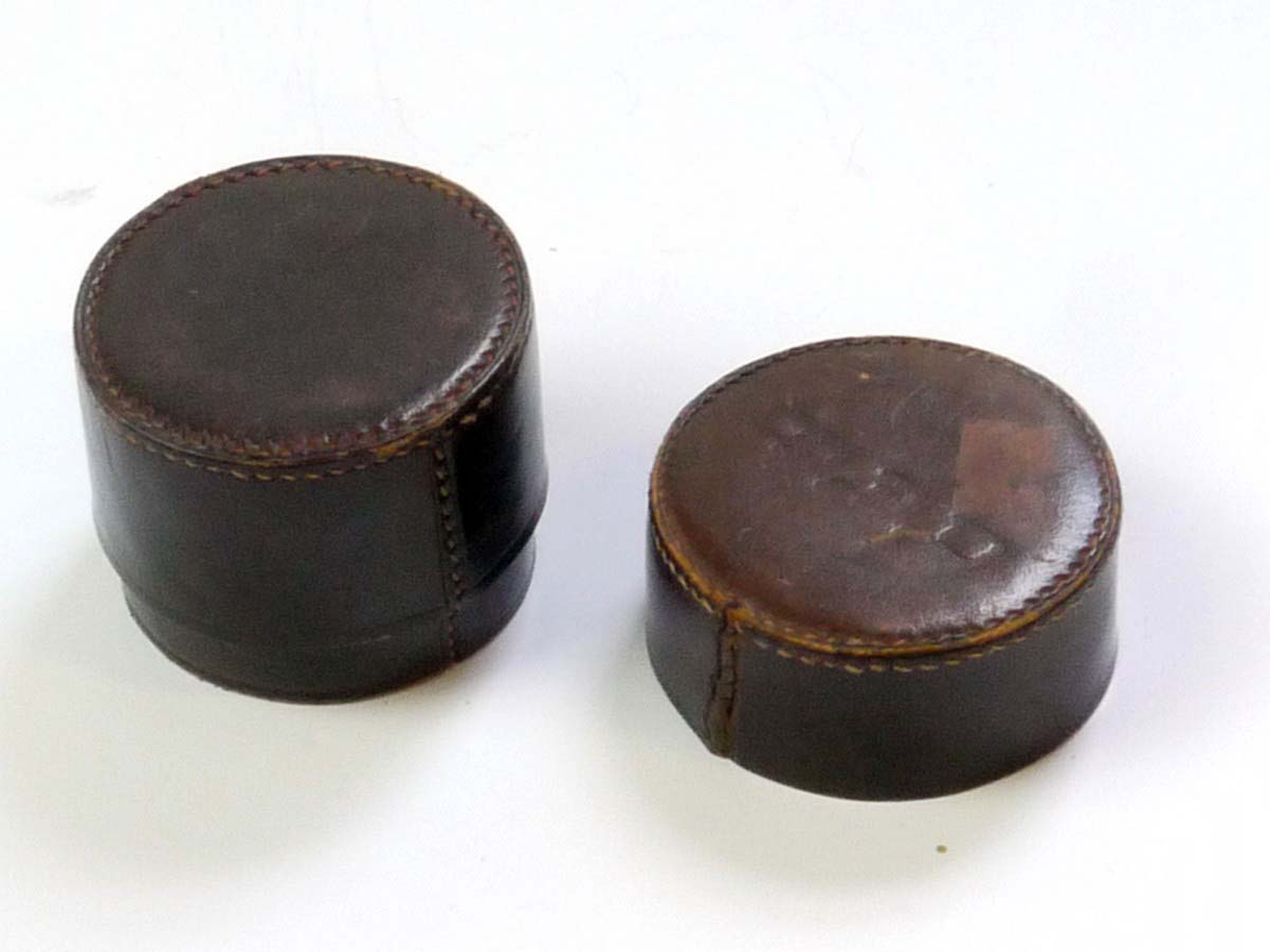 mwclassiccameras-20250530-42 Fed early vintage brown leather small lens case (Top & rear sections) for early Leica Copy lens (50mm) or Accessory. 55x55mm. RARE