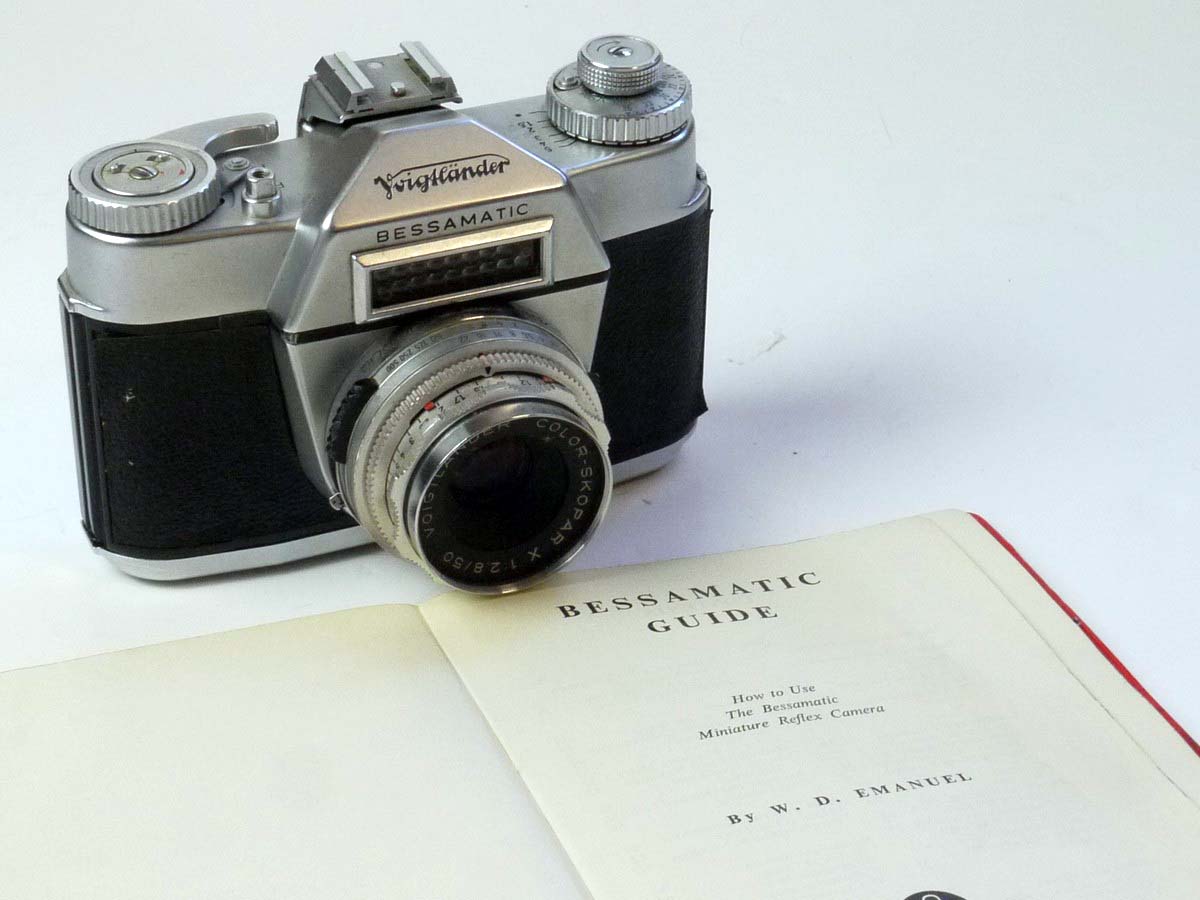 mwclassiccameras-20250530-68 Voigtlander Bessamatic 35mm selenium metered SLR + 50mm f2.8 Color-Skopar X interchangeable lens & Focal Press Guide