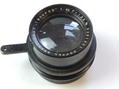 Indupor 125mm f4.5 Doppel Anastigmat lens with long lever for changing the Iris Diaphragm setting. UNCOMMON