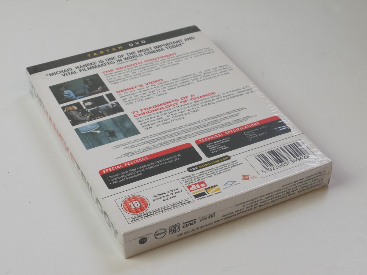 mwclassiccameras-20250606-143 Michael Haneke Trilogy ("The Seventh Continent", "Benny's Video" & "71 Fragments of a Chronology of Chance" + Special Features) 3 DVD Tartan Disc Set. PAL./Region 2 (UK)