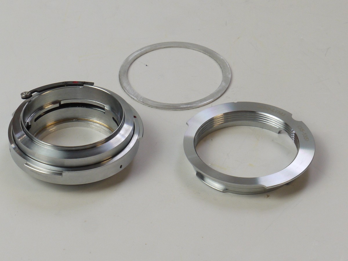 mwclassiccameras-20250606-221 Chinese made rangefinder coupled lens mount adapter for using Zeiss Contax Rangefinder mount lenses (internal mount) on Leica L39 cameras, with L39/M Adapter for 50-75mm