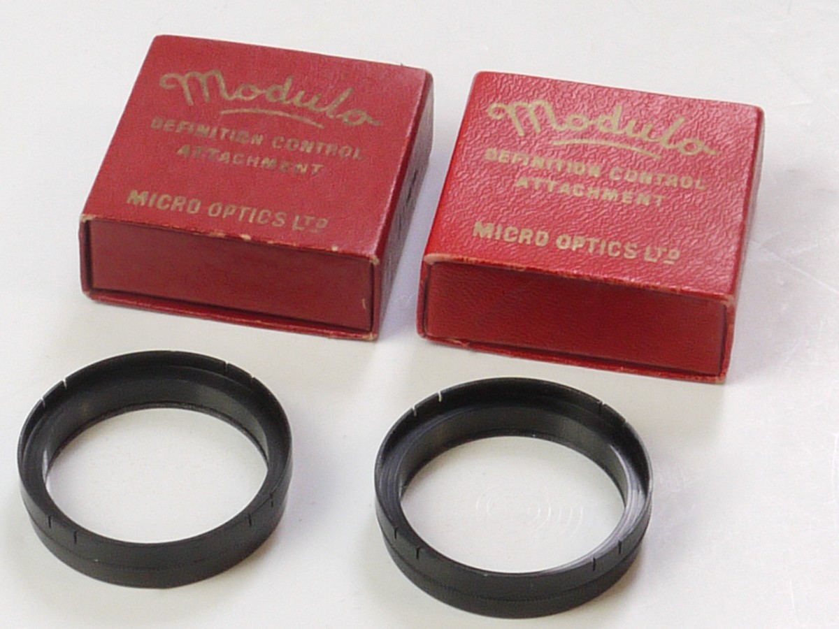 mwclassiccameras-20250606-264 Micro Optics Ltd Set of Two 42mm push on definition Control Attachment Modulo 0 & Modulo 1 Soft Focus Filters in makers red boxes