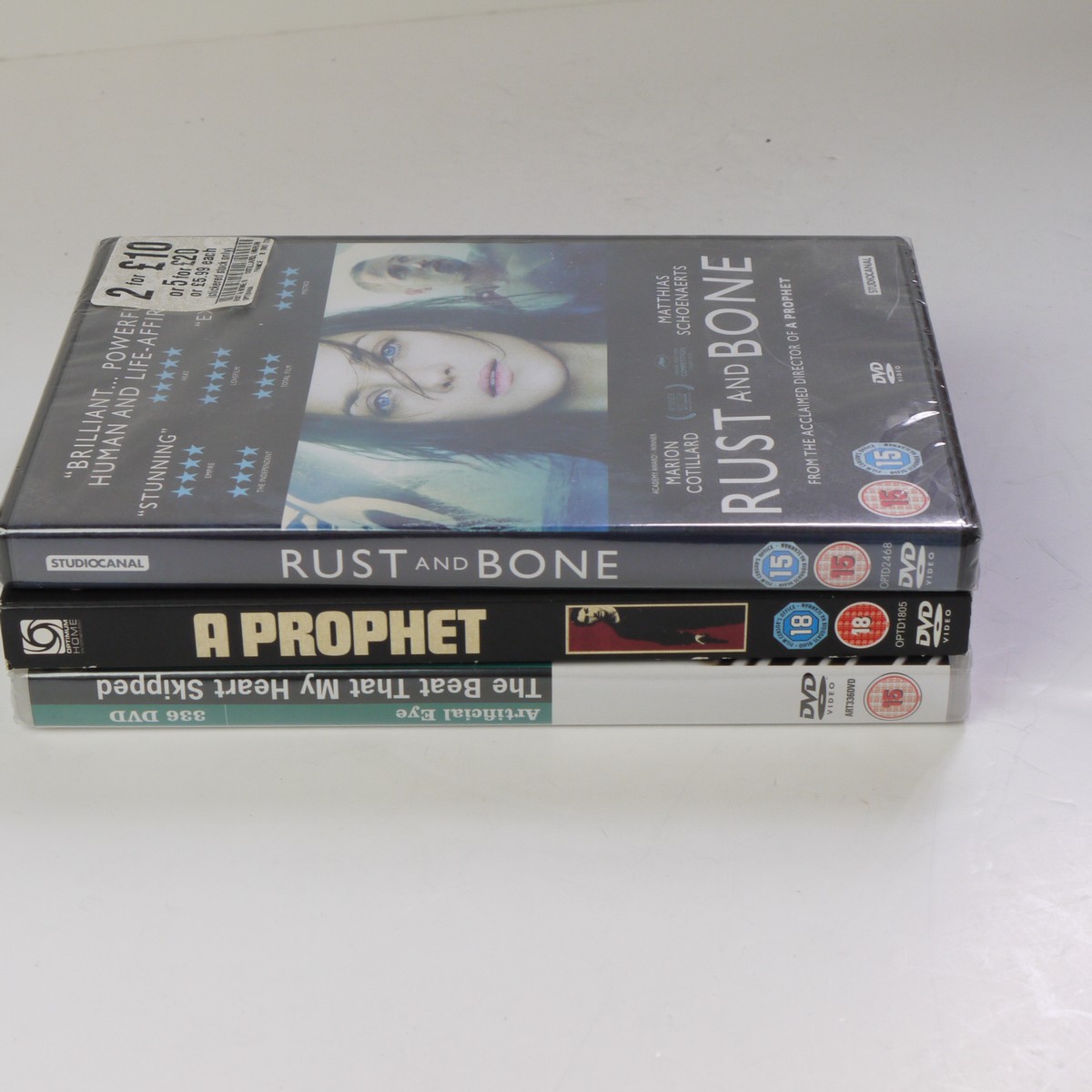 mwclassiccameras-20250620-150 Jacqes Audiard. 3 DVD Films ("A Prophet", "The Beat That My Heart Skipped" & "Rust and Bone" Acclaimed Director. With Special Features. One Sealed. PAL/Region 2 (UK)