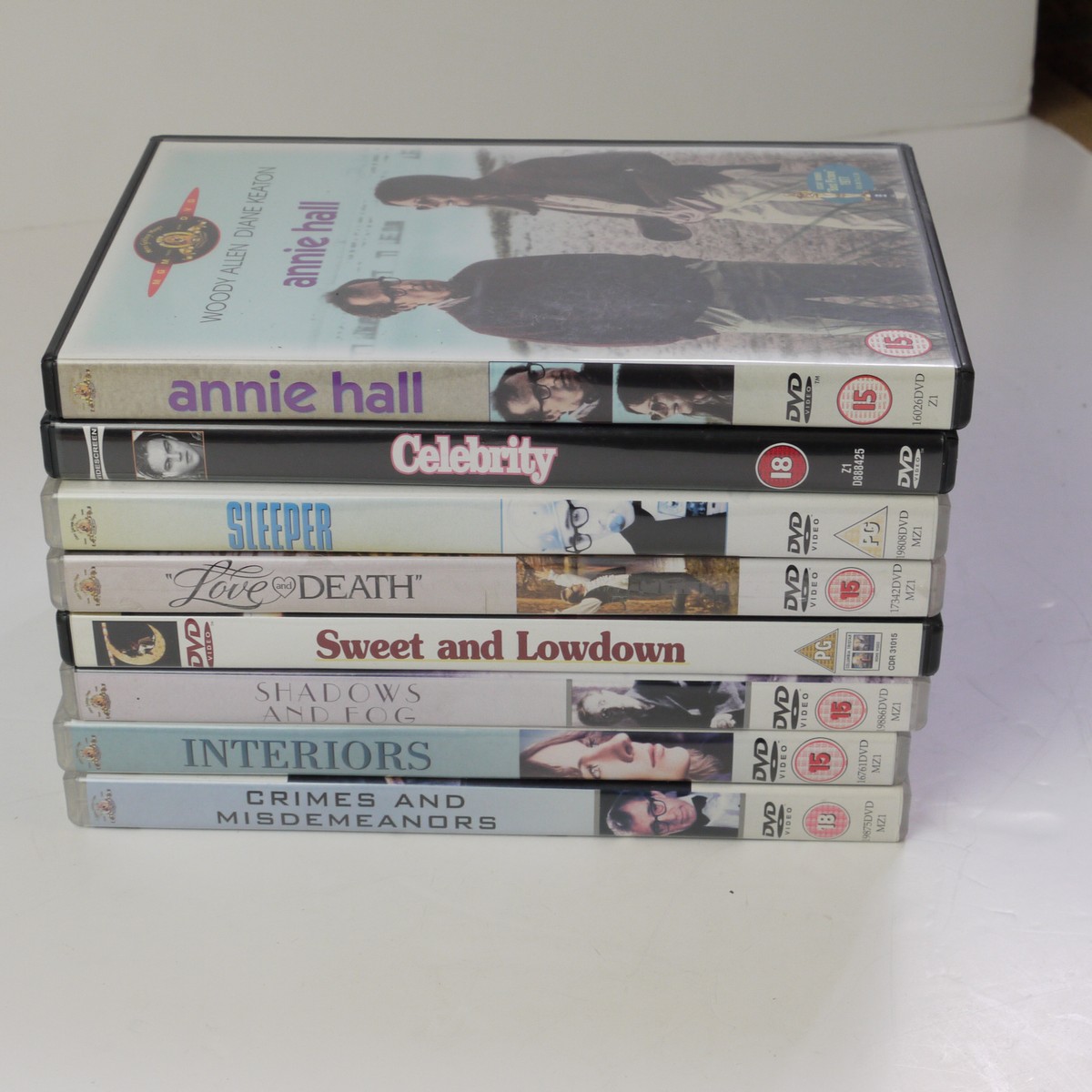 mwclassiccameras-20250620-157 Woody Allen Set of 8 Separate DVD Films ("Sleeper", "Love & Death", "Annie Hall", "Sweet & Lowdown", "Shadows & Fog", "Celebrity", "Interiors" & "Crimes and Misdemeanors")