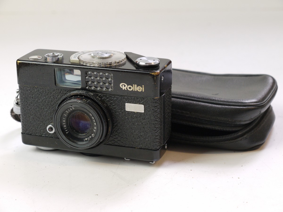 mwclassiccameras-20250620-274 Rollei B35 selenium metered 35mm camera, black, with Rollei 40mm f3.5 Triotar collapsible lens + Rollei wrist strap & Rollei Pouch Case