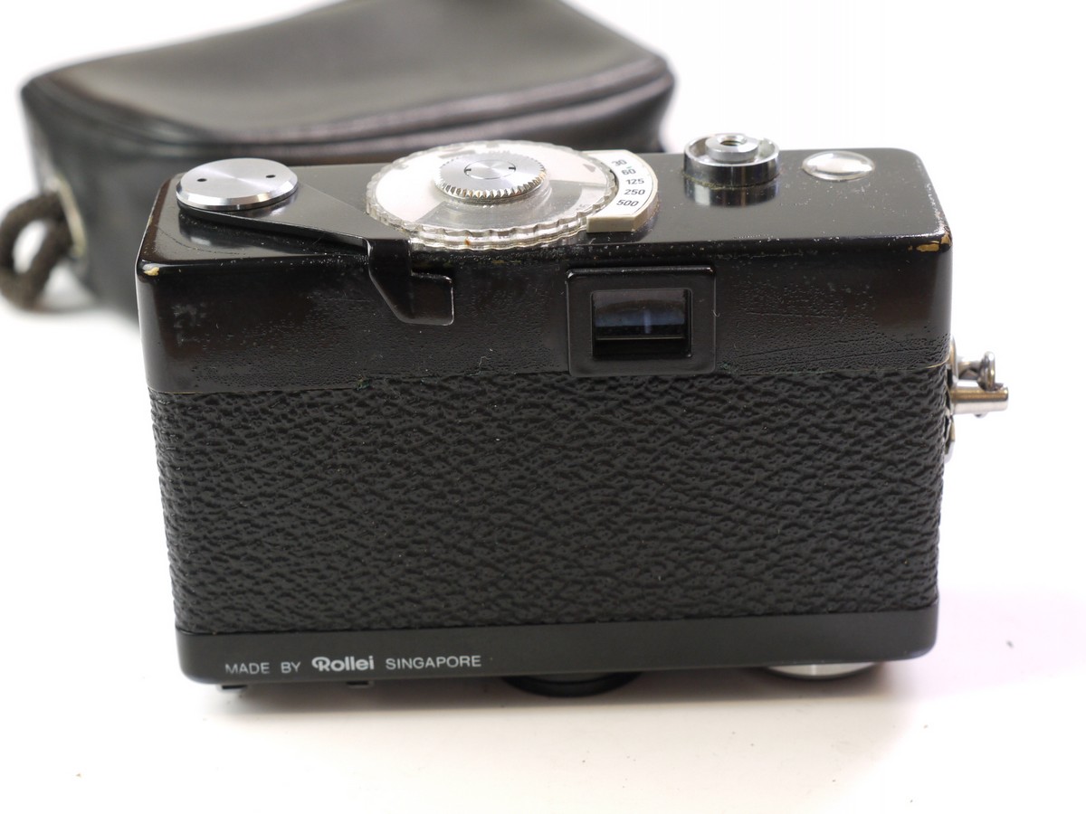mwclassiccameras-20250620-276 Rollei B35 selenium metered 35mm camera, black, with Rollei 40mm f3.5 Triotar collapsible lens + Rollei wrist strap & Rollei Pouch Case