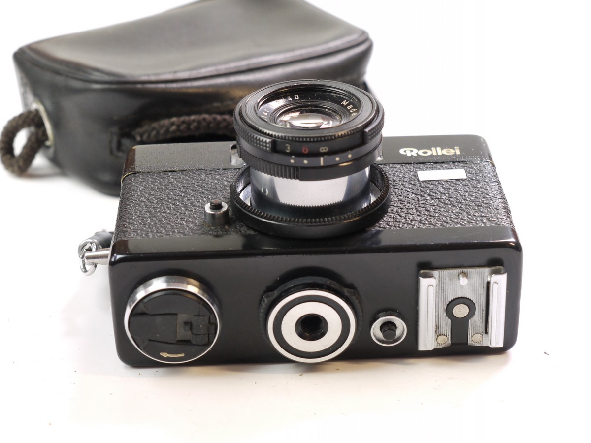 mwclassiccameras-20250620-278 Rollei B35 selenium metered 35mm camera, black, with Rollei 40mm f3.5 Triotar collapsible lens + Rollei wrist strap & Rollei Pouch Case