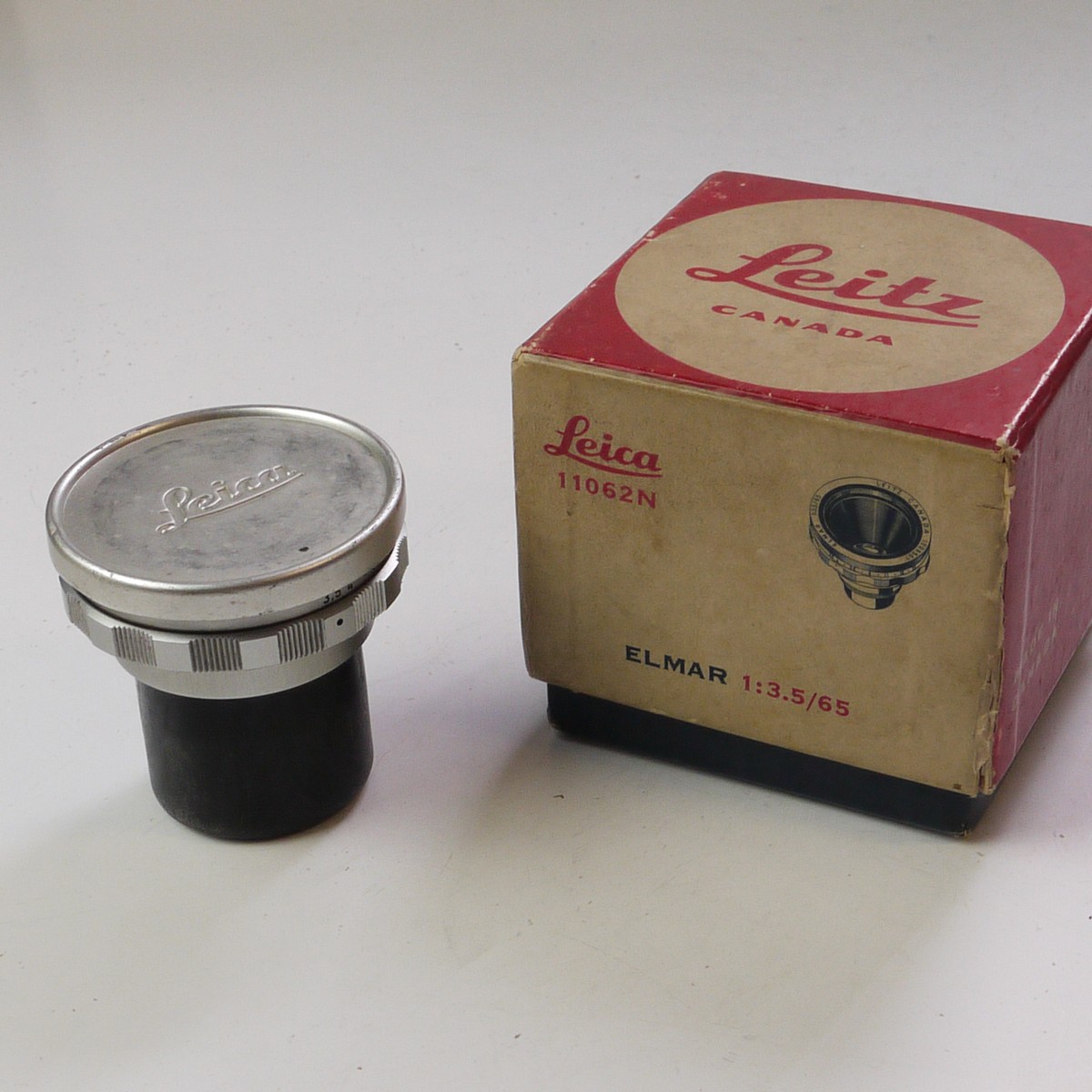 mwclassiccameras-20250620-305 Leitz 65mm f3.5 Elmar Macro Visoflex/Bellows lens (Needs Universal Focusing Adapter for use) + Leitz Caps & Matching Numbered Box