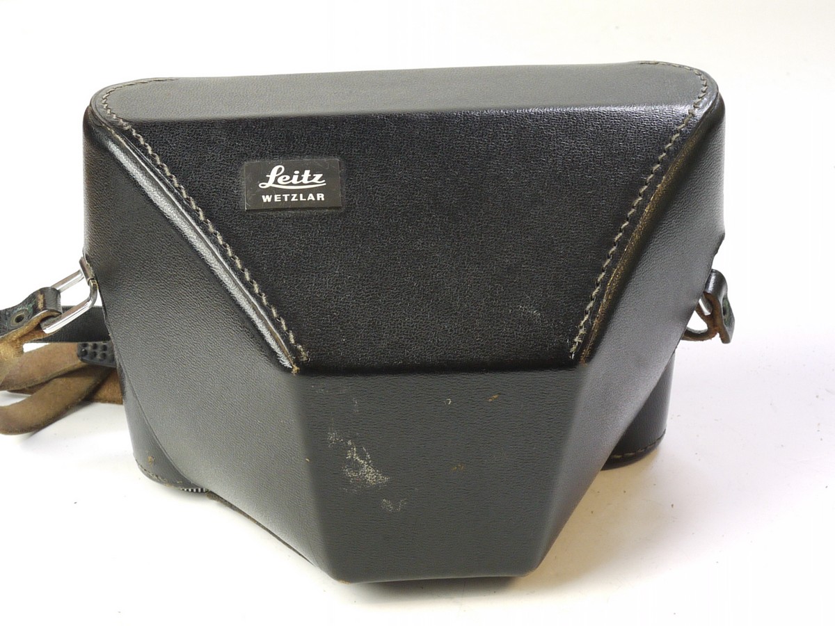 mwclassiccameras-20250620-333 Leitz Black leather ER case with strap for M4, with small tripod mount & enlarged front.