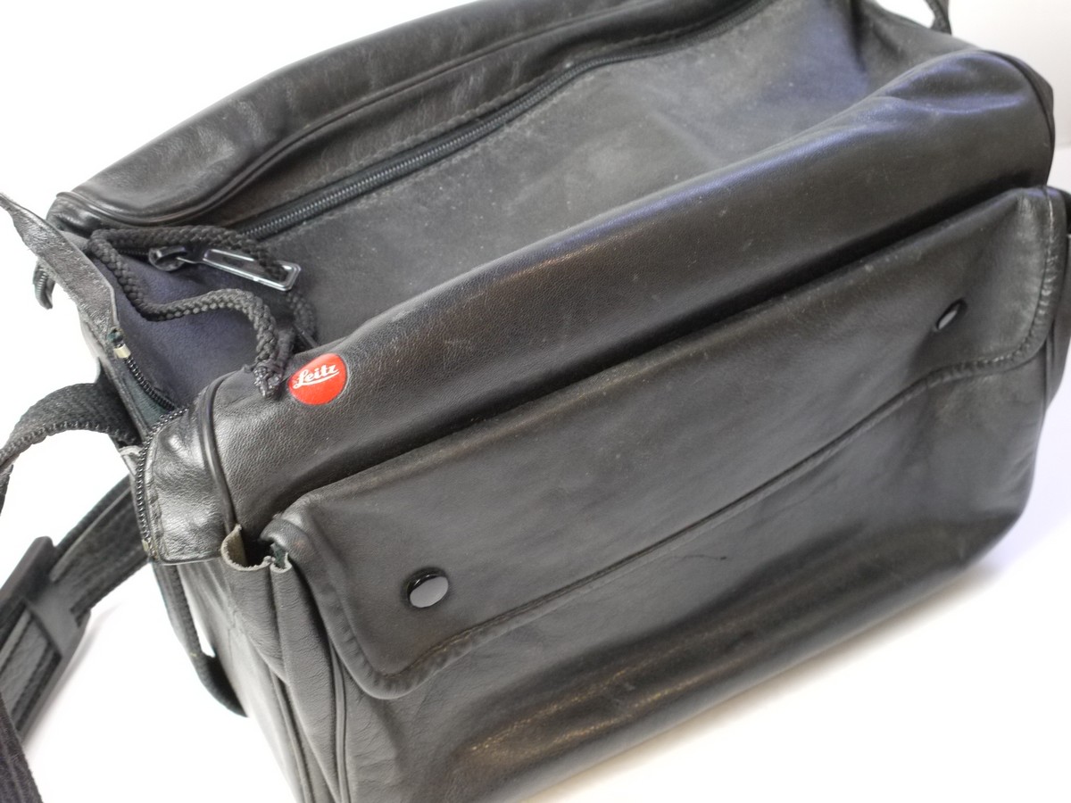 mwclassiccameras-20250627-209 Leitz black leather, semi rigid M camera outfit case with internal foam sections for Leica M camera, lenses & Accessries. Double zipper, shoulder strap & outer pocket (300 x 170 x 200mm)