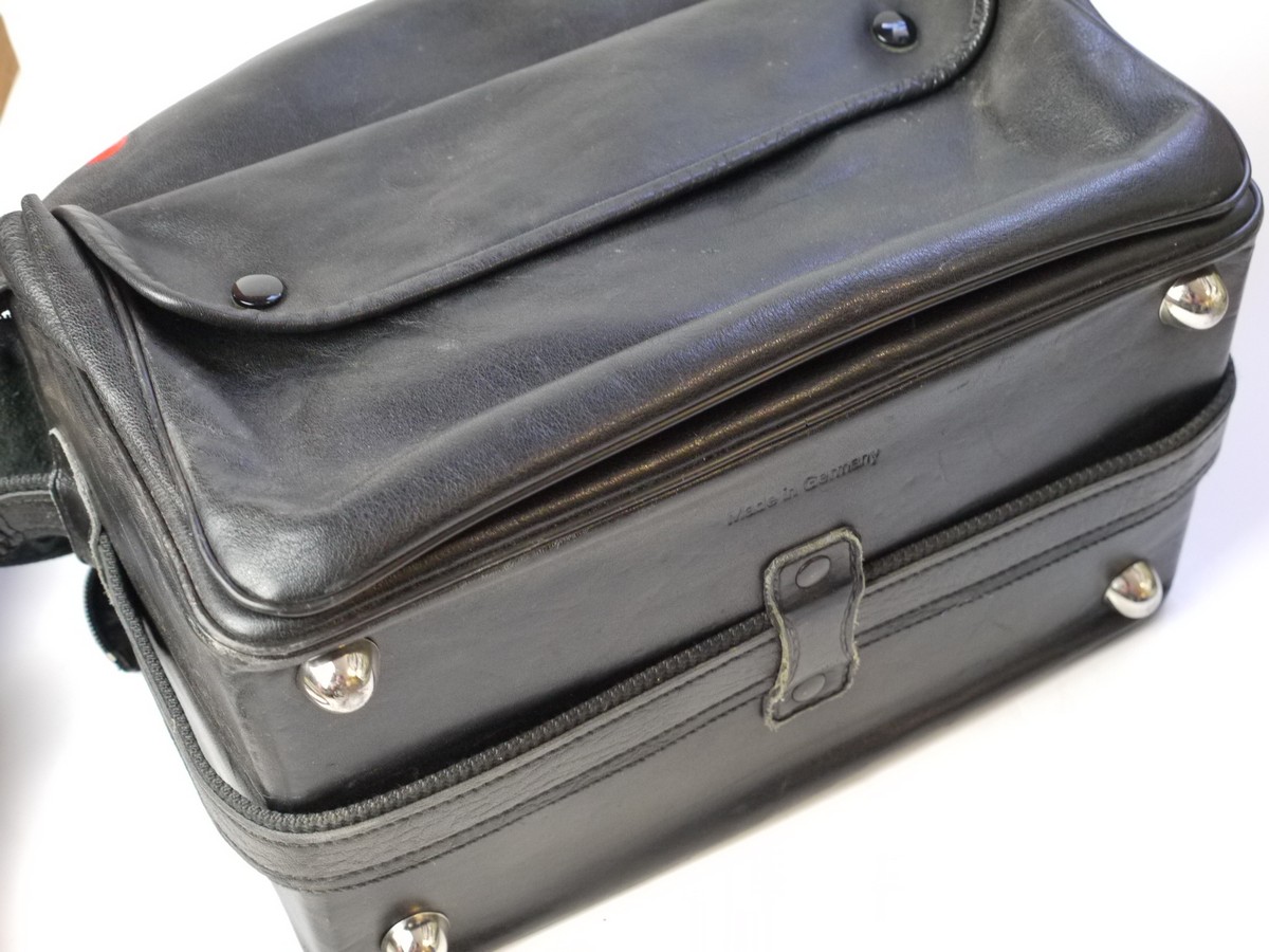 mwclassiccameras-20250627-211 Leitz black leather, semi rigid M camera outfit case with internal foam sections for Leica M camera, lenses & Accessries. Double zipper, shoulder strap & outer pocket (300 x 170 x 200mm)