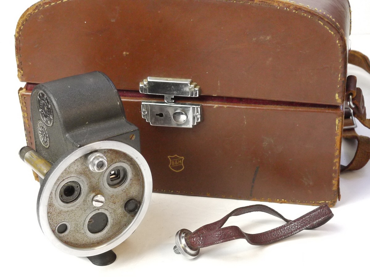 mwclassiccameras-20250704-150 Bell & Howell 134 Standard 8 Spring motored camera body with triple turret & strap + B&H leather outfit carrying case