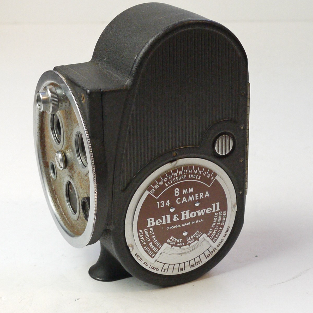 mwclassiccameras-20250704-151 Bell & Howell 134 Standard 8 Spring motored camera body with triple turret & strap + B&H leather outfit carrying case