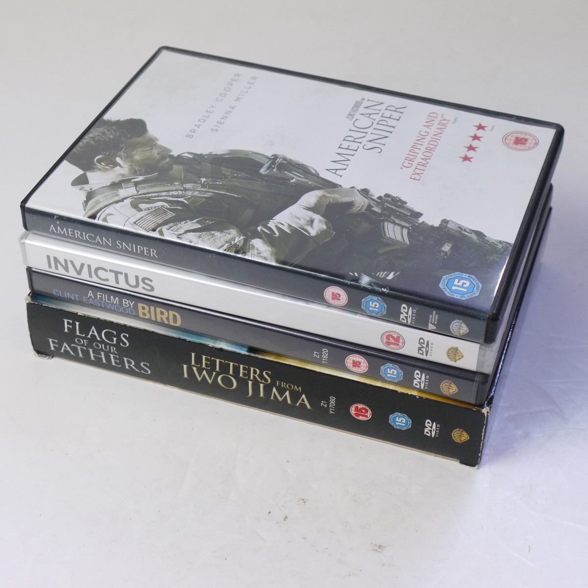 mwclassiccameras-20250718-8 Clint Eastwood. 5 DVD Films ("Bird", "Invictus", "Flags of Our Fathers", "American Sniper" & "Letters from Iwo Jima") with Special Features. 2 in a Boxset. One Sealed. PAL/Region 2 (UK)