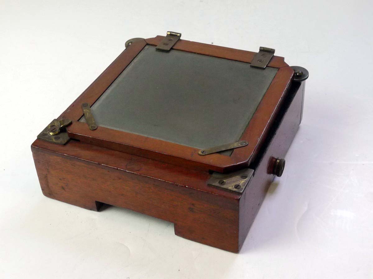 mwclassiccameras-20250801-59 Lancaster Le Merveilleux Mahogany 4 1/4 X 4 1/4 Folding Plate Camera with Glass Back, 1/4 Plate Holder & Originsal small ler size lens flange for the front panel. No Lens