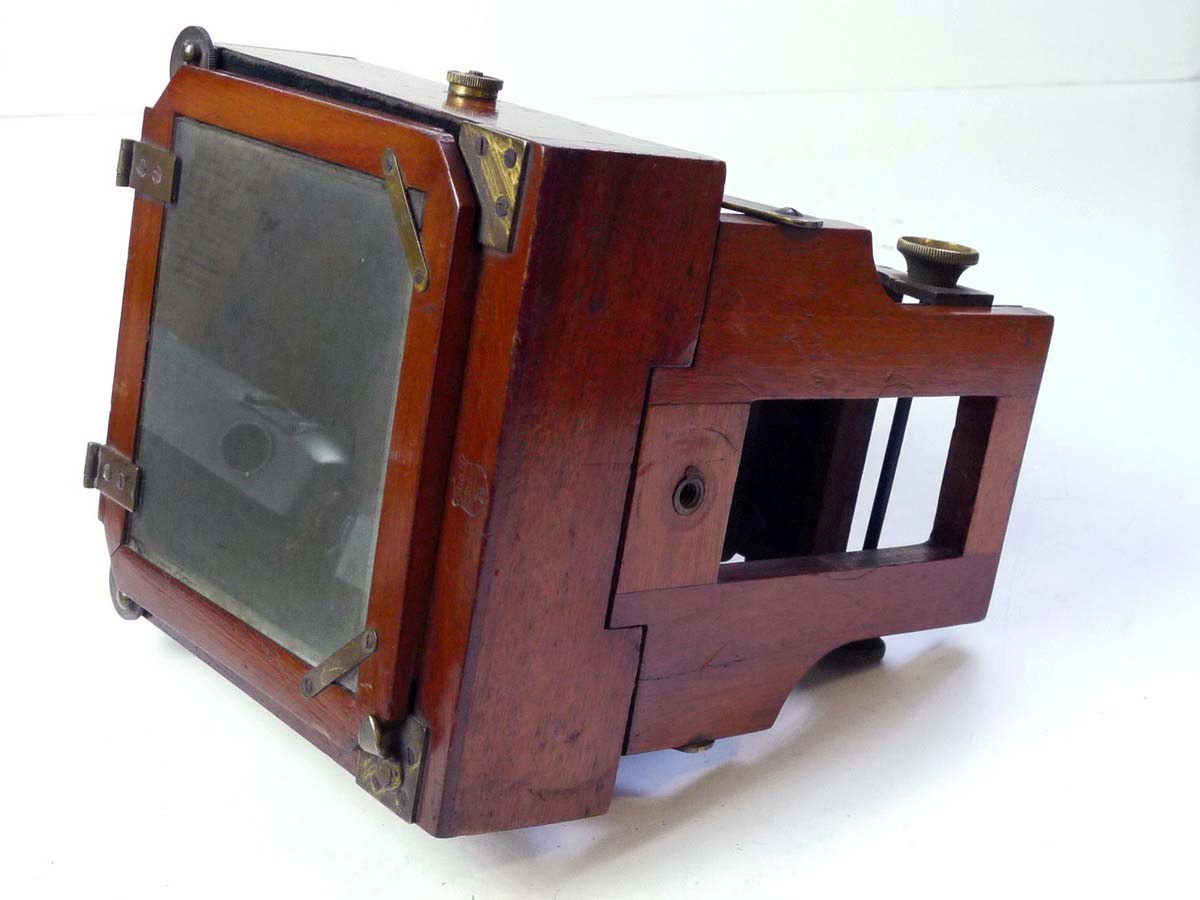 mwclassiccameras-20250801-63 Lancaster Le Merveilleux Mahogany 4 1/4 X 4 1/4 Folding Plate Camera with Glass Back, 1/4 Plate Holder & Originsal small ler size lens flange for the front panel. No Lens