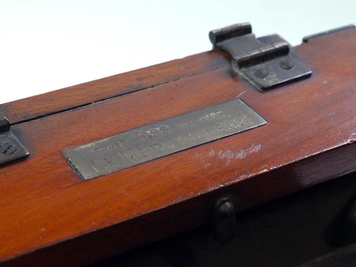 mwclassiccameras-20250801-65 Lancaster Le Merveilleux Mahogany 4 1/4 X 4 1/4 Folding Plate Camera with Glass Back, 1/4 Plate Holder & Originsal small ler size lens flange for the front panel. No Lens