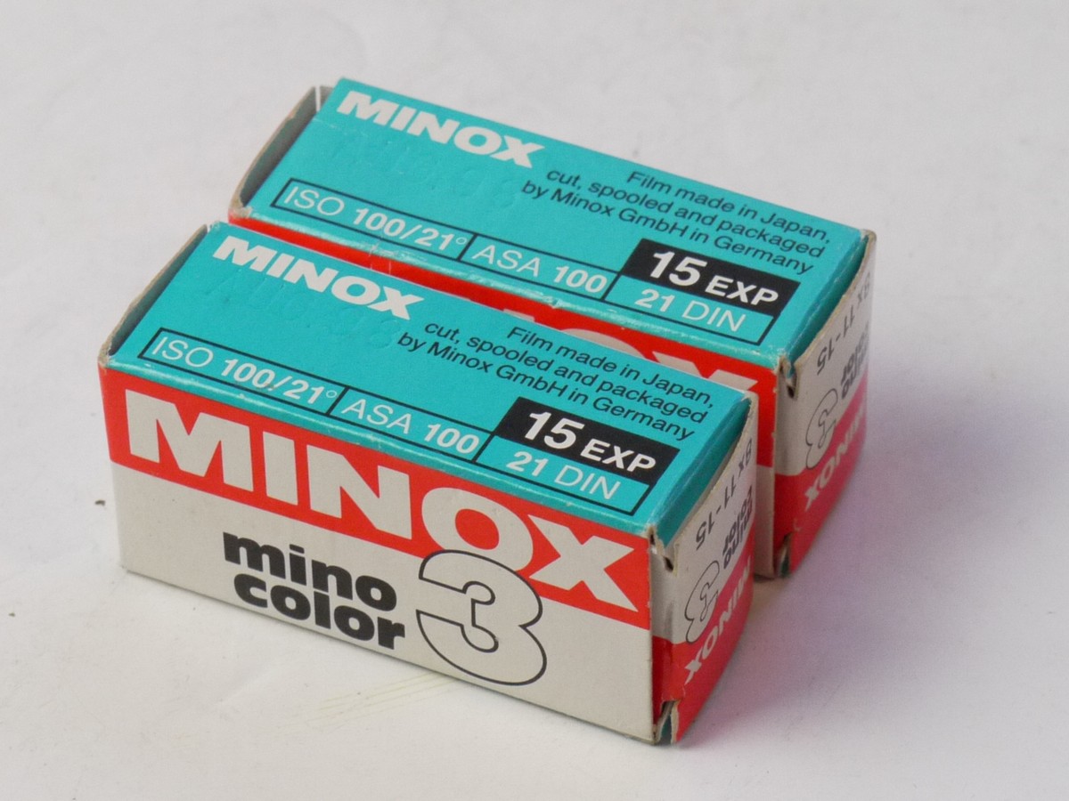 mwclassiccameras-20250808-208 Minox Set of Two 8x11 Expired Minocolor 3 100 ASA Colour Print Films (Expiry dates 1998).15 Exposures. Sealed in makers Boxes