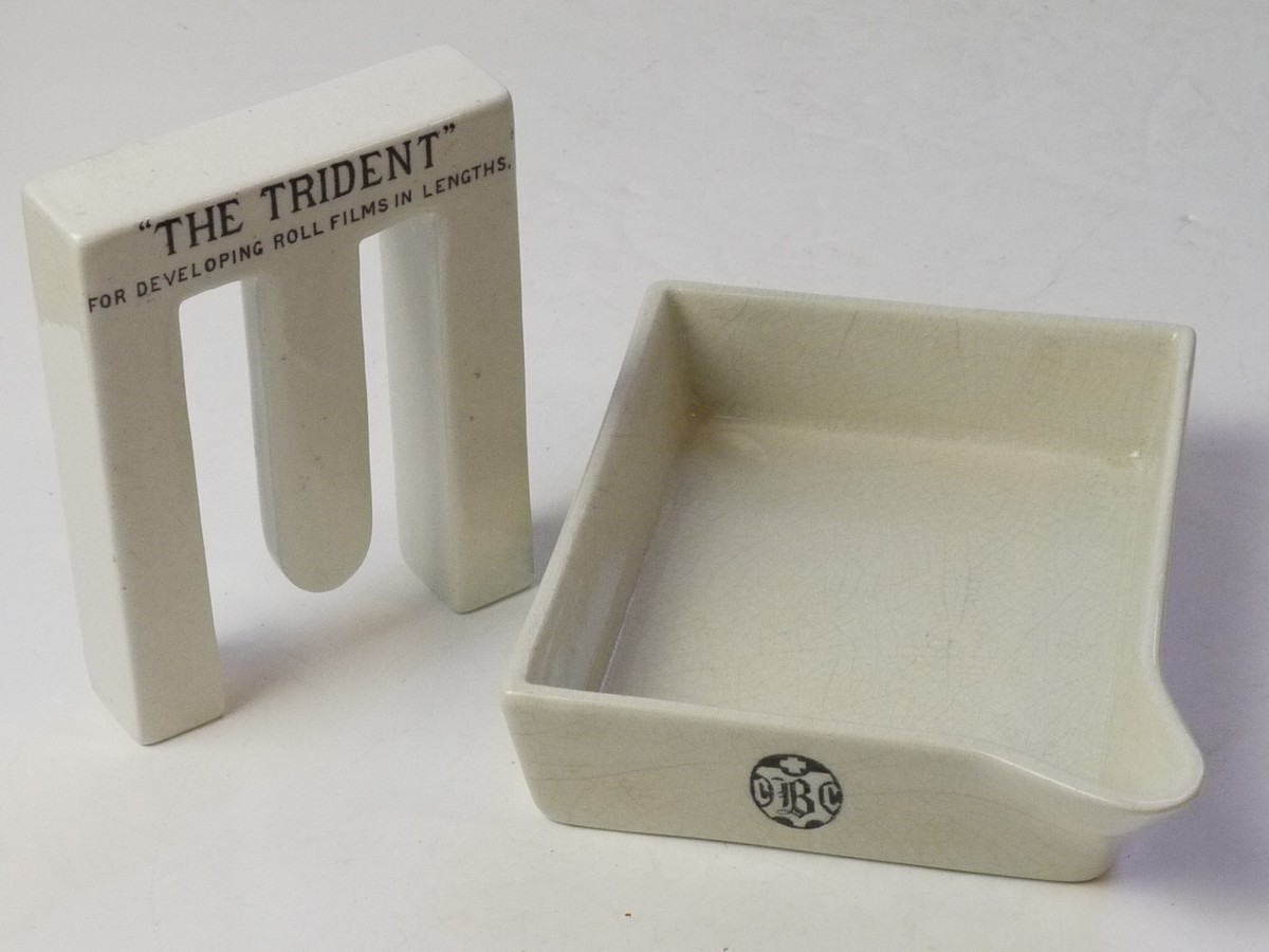 mwclassiccameras-20250808-234 The Trident Porcelain Tray and Holder "For Developing Roll Films In Lengths" 135 x 110 x 35mm Vintage Darkroom Accessoriy. "Cetem Ware England" Stamped on the base
