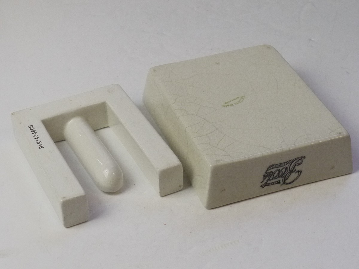 mwclassiccameras-20250808-235 The Trident Porcelain Tray and Holder "For Developing Roll Films In Lengths" 135 x 110 x 35mm Vintage Darkroom Accessoriy. "Cetem Ware England" Stamped on the base