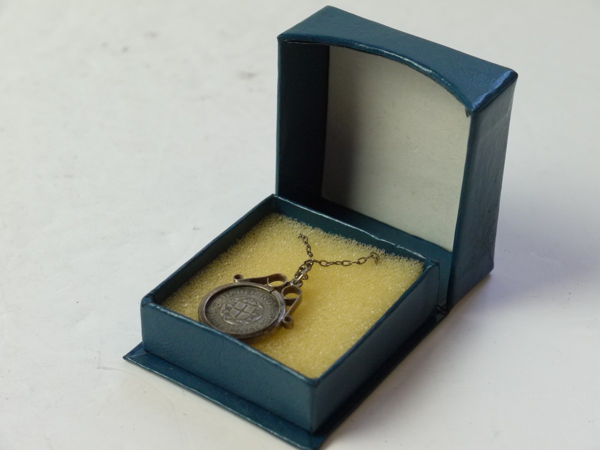mwclassiccameras-20250815-84 FID DEF IND IMP 1943 Three Pence Coin. King George VI OMN REX. Monted in a holder & Chain