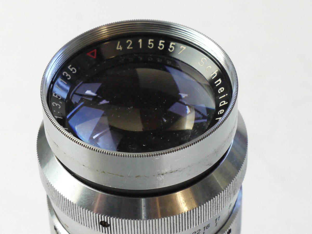 mwclassiccameras-20250822-112 Schneider 135mm f3.5 Xenar coated chrome lens in manual Exakta mount + rear cap. Early heavy metal type