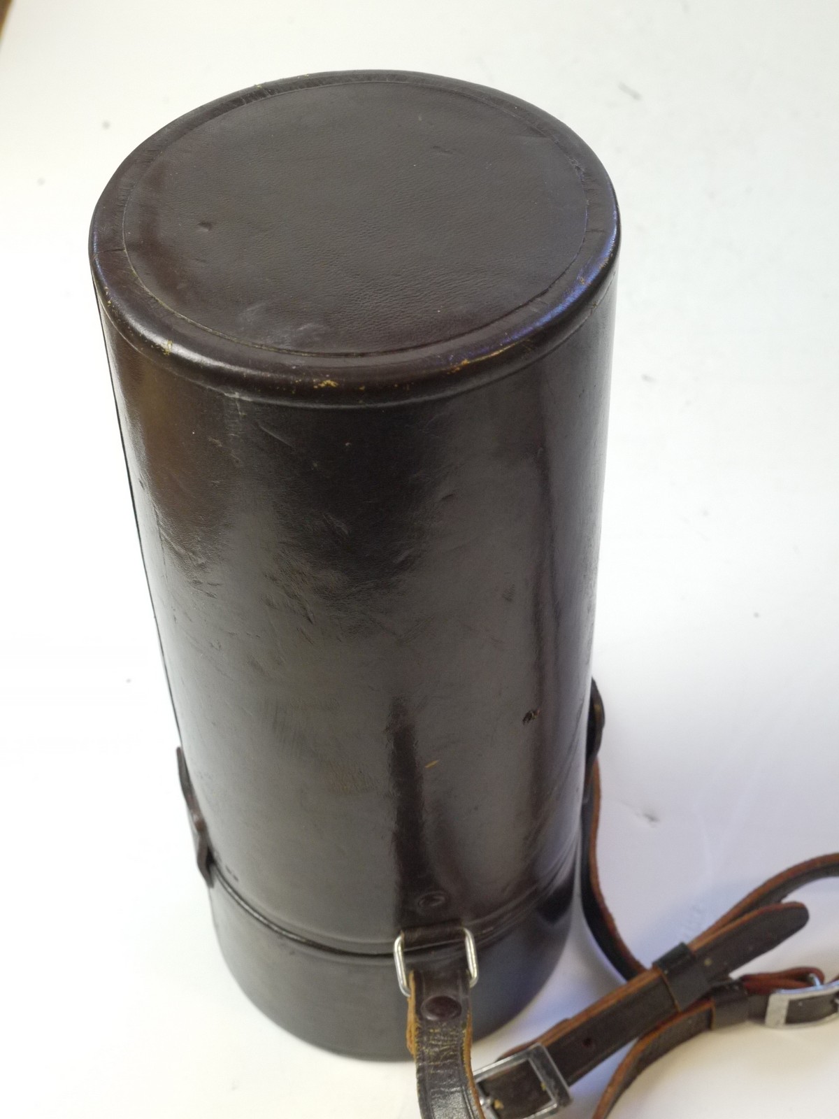 mwclassiccameras-20250829-214 Nikon brown leather lens case with strap & with purple felt inlay. 240 x 103mm