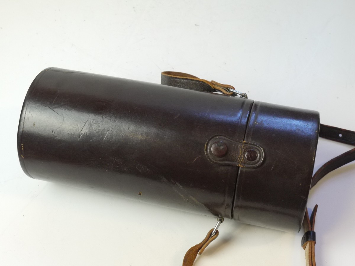mwclassiccameras-20250829-215 Nikon brown leather lens case with strap & with purple felt inlay. 240 x 103mm