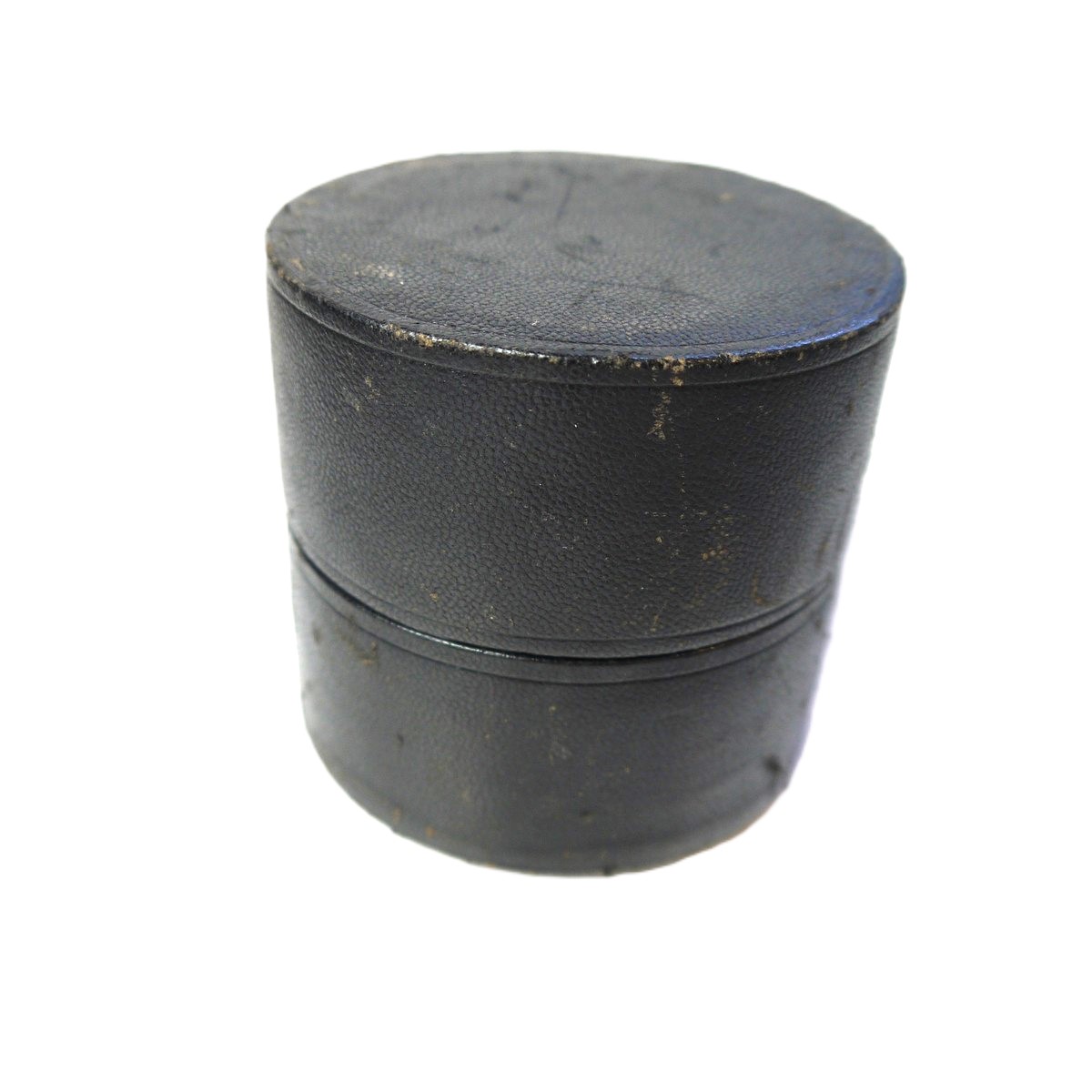 mwclassiccameras-20250919-85 Vintage dark brown leather bound antique lens case, 2 parts, with black felt inlaye. 90x95mm