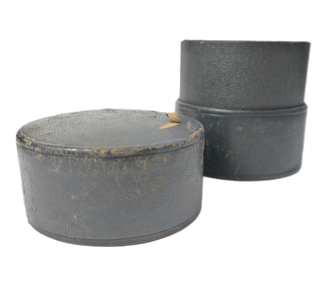 mwclassiccameras-20250919-87 Vintage dark brown leather bound antique lens case, 2 parts, with black felt inlaye. 90x95mm
