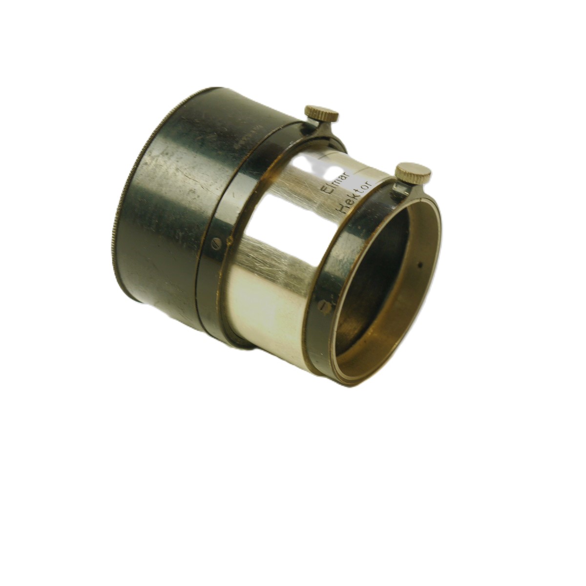 mwclassiccameras-20250926-305 Leitz A36 Push-On Multi Lens Hood, early Rare Black & Nickel version, for 5cm Hektor, 5cm Elmar, 90 & 135mm Elmars. With fixing