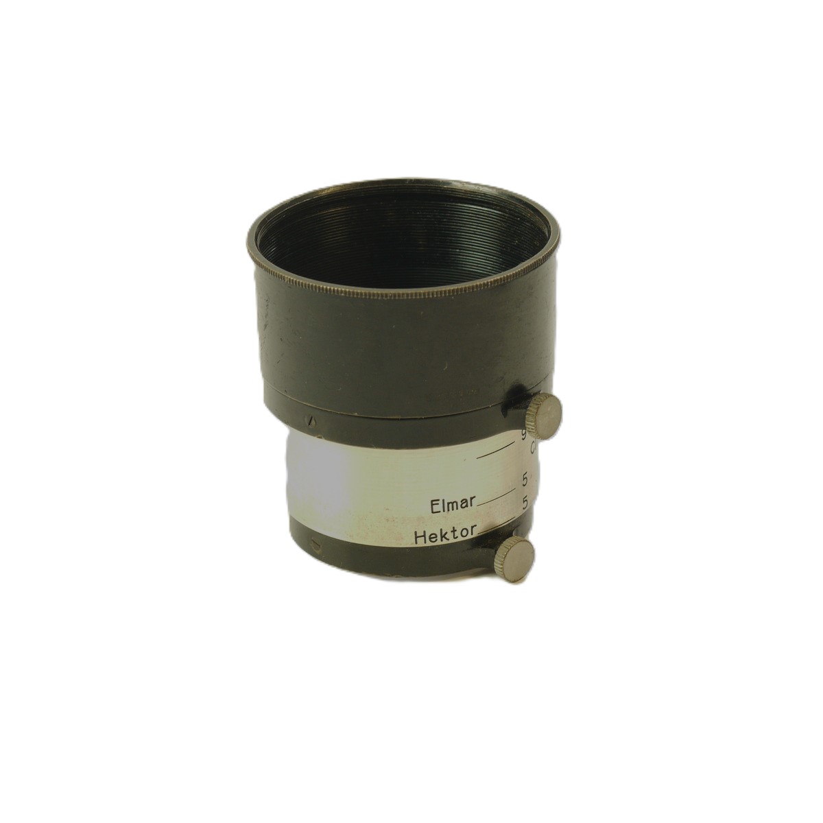 mwclassiccameras-20250926-307 Leitz A36 Push-On Multi Lens Hood, early Rare Black & Nickel version, for 5cm Hektor, 5cm Elmar, 90 & 135mm Elmars. With fixing