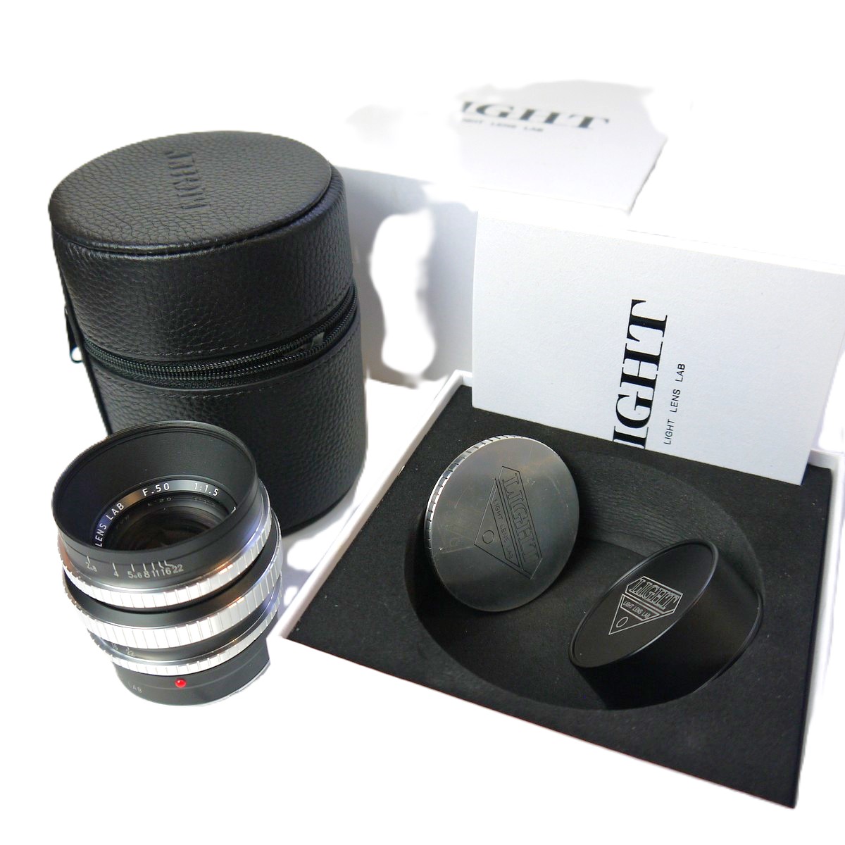 mwclassiccameras-20250926-31 Light Lens Lab 50mm f1.5 Type Z21 black barrel len with Chrome rings ("Piano Black") in Leica M Mount. High quality lens, based pon the Angenieux 50mm f1.5 Type S21. With Caps, case, Instructions & Box. From a limited suply of 999 lenses