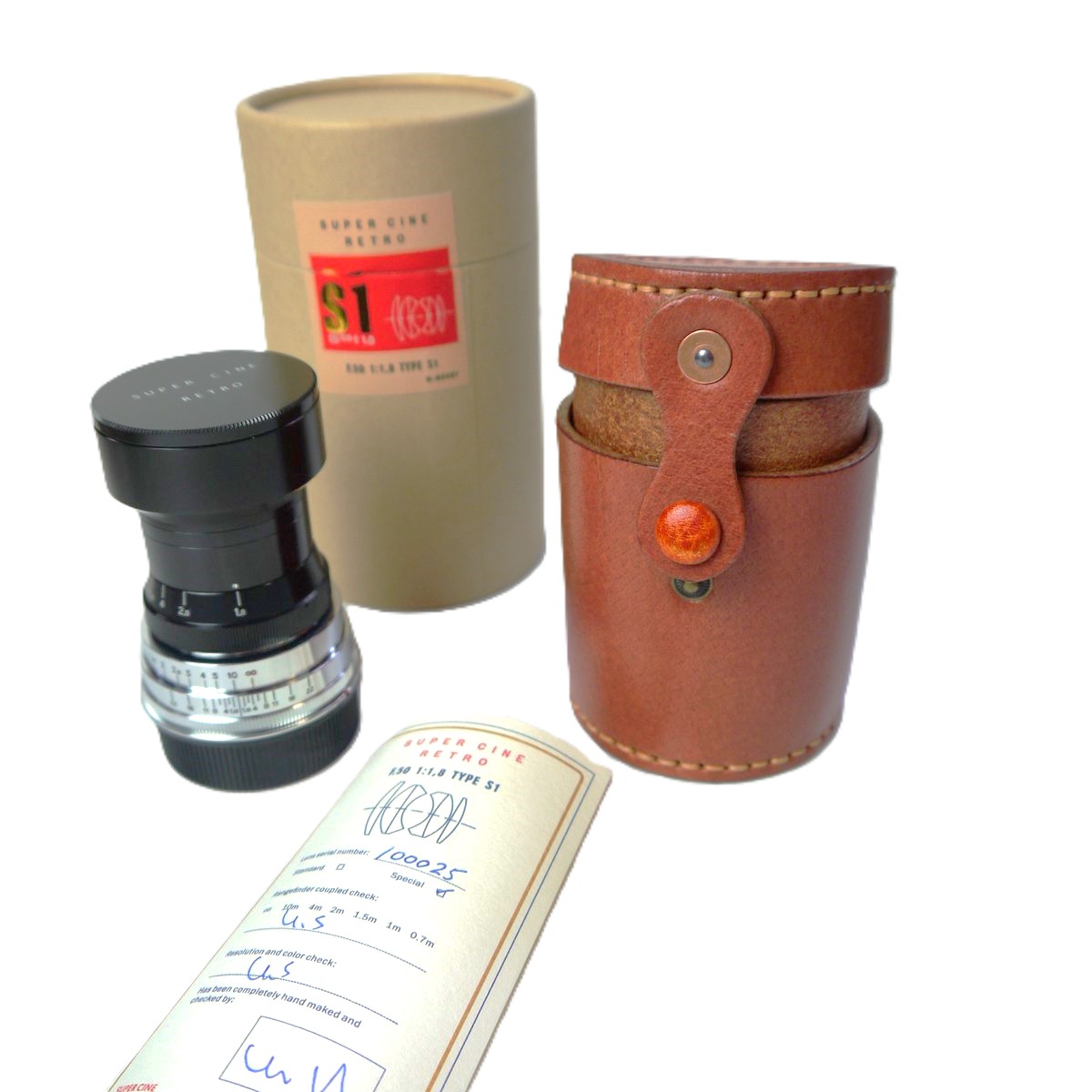 mwclassiccameras-20250926-61 Super Cine Retro 50mm f1.8 Type S1 DELUXE VERSION, Leica M mount lens (No.100025). Claimed to be made from FRENCH SOURCED GLASS in China as a replica of the Angenieux 50mm f1.8 Type S1 Rare lens. With Lens hood, front & rear caps, Numbered Certificate, leather case & Box. From a Limited Production of a few hundred only