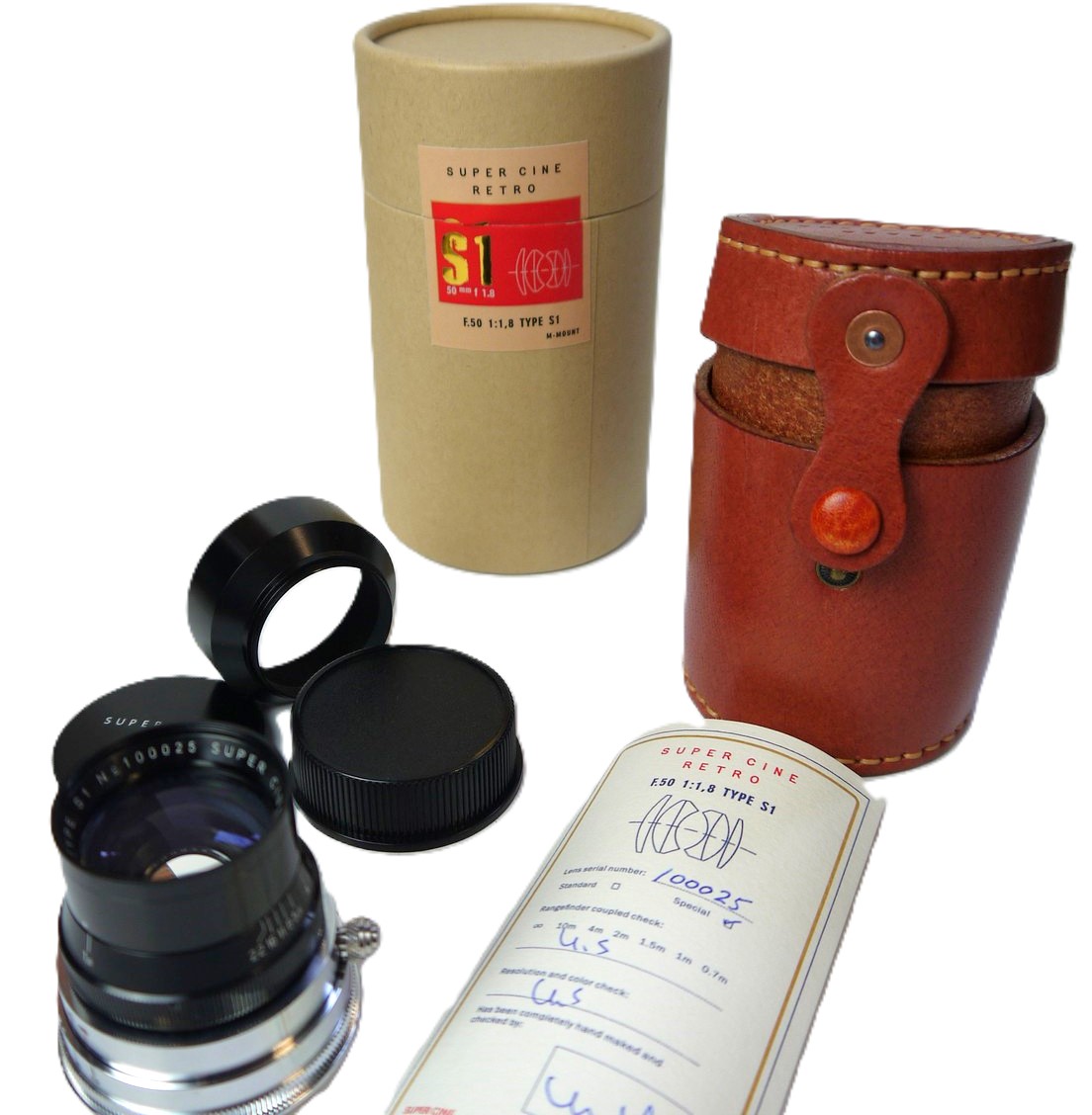 mwclassiccameras-20250926-62 Super Cine Retro 50mm f1.8 Type S1 DELUXE VERSION, Leica M mount lens (No.100025). Claimed to be made from FRENCH SOURCED GLASS in China as a replica of the Angenieux 50mm f1.8 Type S1 Rare lens. With Lens hood, front & rear caps, Numbered Certificate, leather case & Box. From a Limited Production of a few hundred only