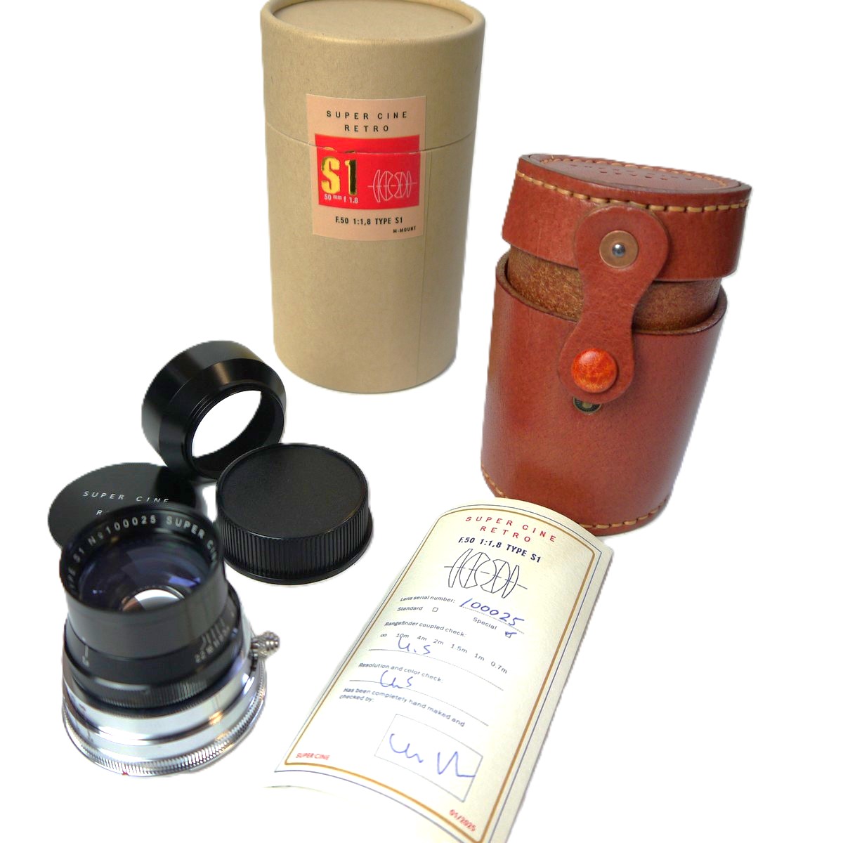 mwclassiccameras-20250926-63 Super Cine Retro 50mm f1.8 Type S1 DELUXE VERSION, Leica M mount lens (No.100025). Claimed to be made from FRENCH SOURCED GLASS in China as a replica of the Angenieux 50mm f1.8 Type S1 Rare lens. With Lens hood, front & rear caps, Numbered Certificate, leather case & Box. From a Limited Production of a few hundred only
