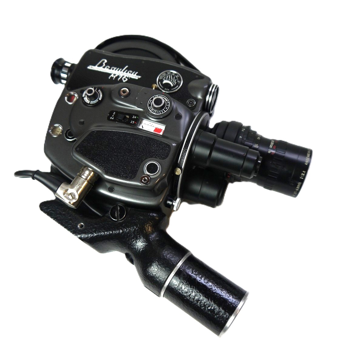 mwclassiccameras-20250926-9 Beaulieu R16 Battery Motorised 16mm Reflex camera + Angenieux 17-68mm f2.2 Zoom Type 4x17B interchangeable lens, S.7 lens ring ("4x17, 4x17.5, 4x20, 4x28"), 3 x different rubber eyecups with one fixing ring, Beaulieu Handgrip Battery, Beaulieu Battery Charger, Original Instructions & Bealieu Outfit Carrying case