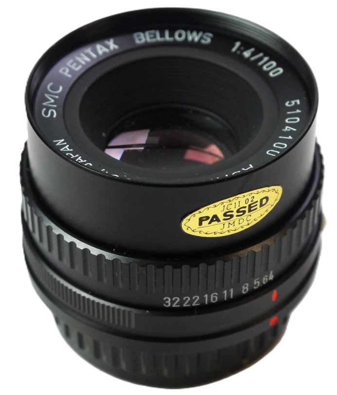 Pentax 100mm f4 SMC Bellows lens, PK bayonet mount + makers rear