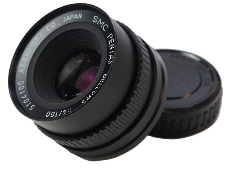 Pentax 100mm f4 SMC Bellows lens, PK bayonet mount + makers rear