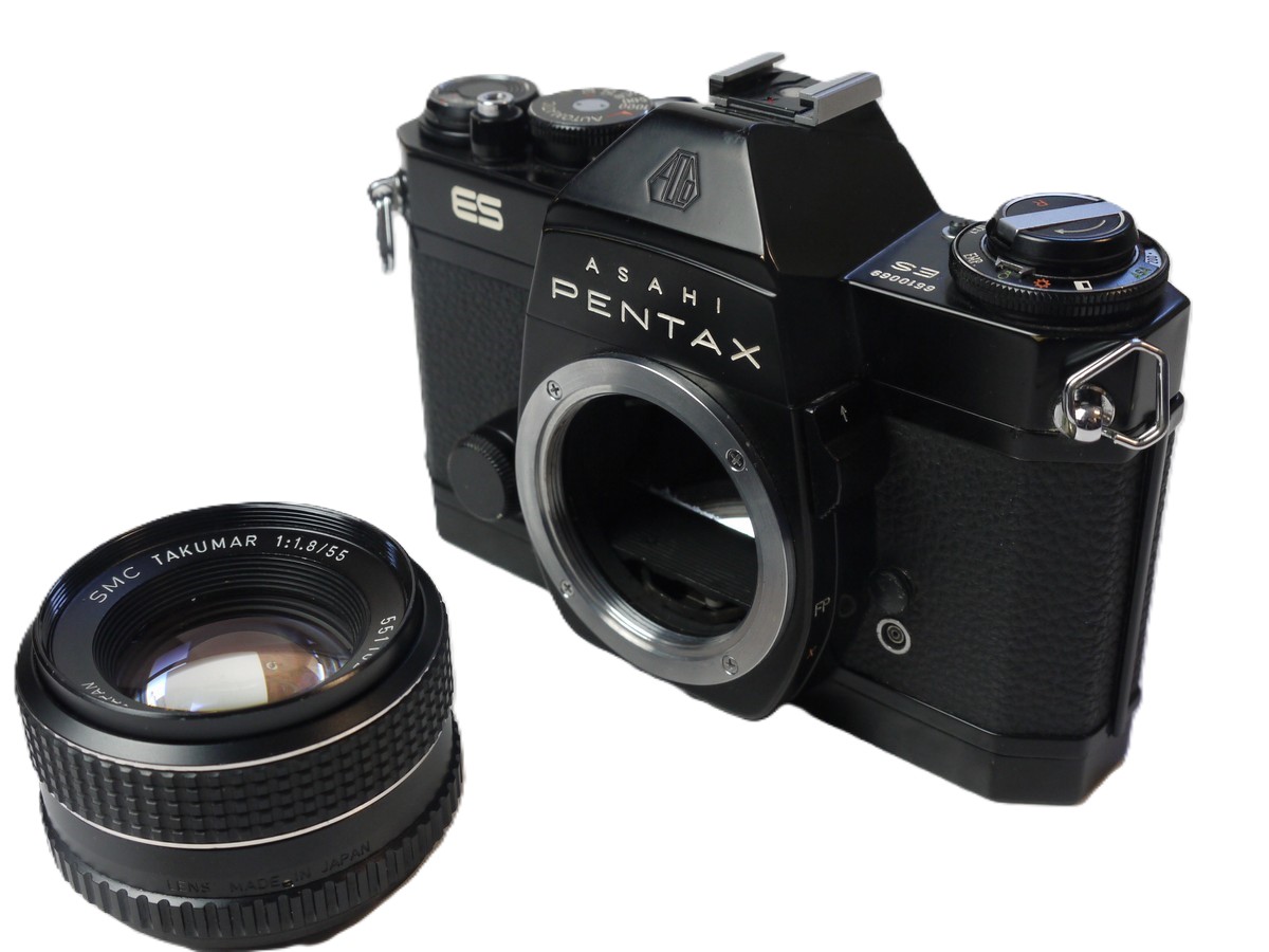 mwclassiccameras-20251024-258 Pentax ES 35mm SLR, BLACK c1972 + 55mm f1.8 SMC Takumar M42 screw mount lens, with Pentax Front Cap