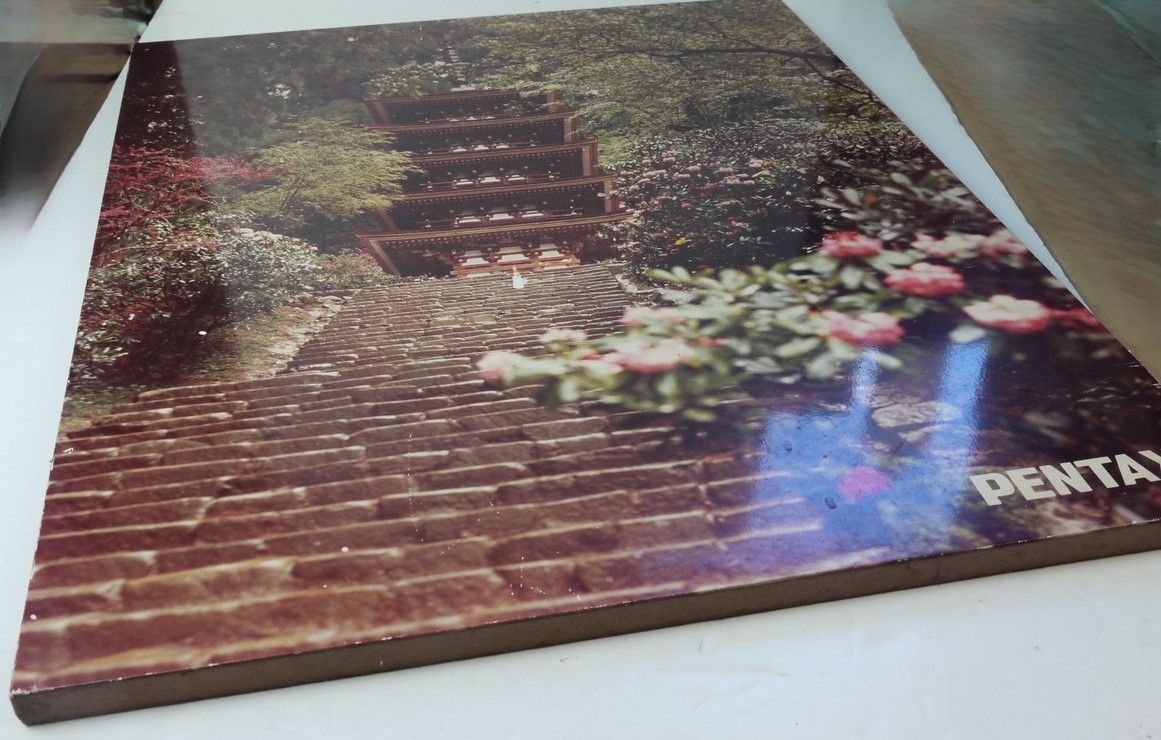mwclassiccameras-20251024-271 Pentax Advertising Poster Showing an Image of Chinese/Japanese Pagoda, in original Wooden Frame. 570 x 470mm