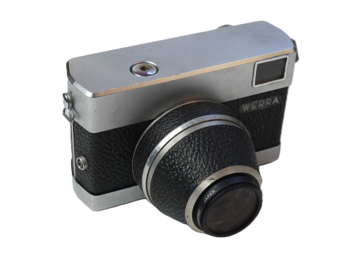 mwclassiccameras-20251024-7 Werra I 35mm Viewfinder Camera c1950's (Straight-Edged shape) with 50mm f2.8 Tessar fixed lens + Werra Reversible Lens Hood & Hoya 30.5mm Screw-in Skylight 1A filter