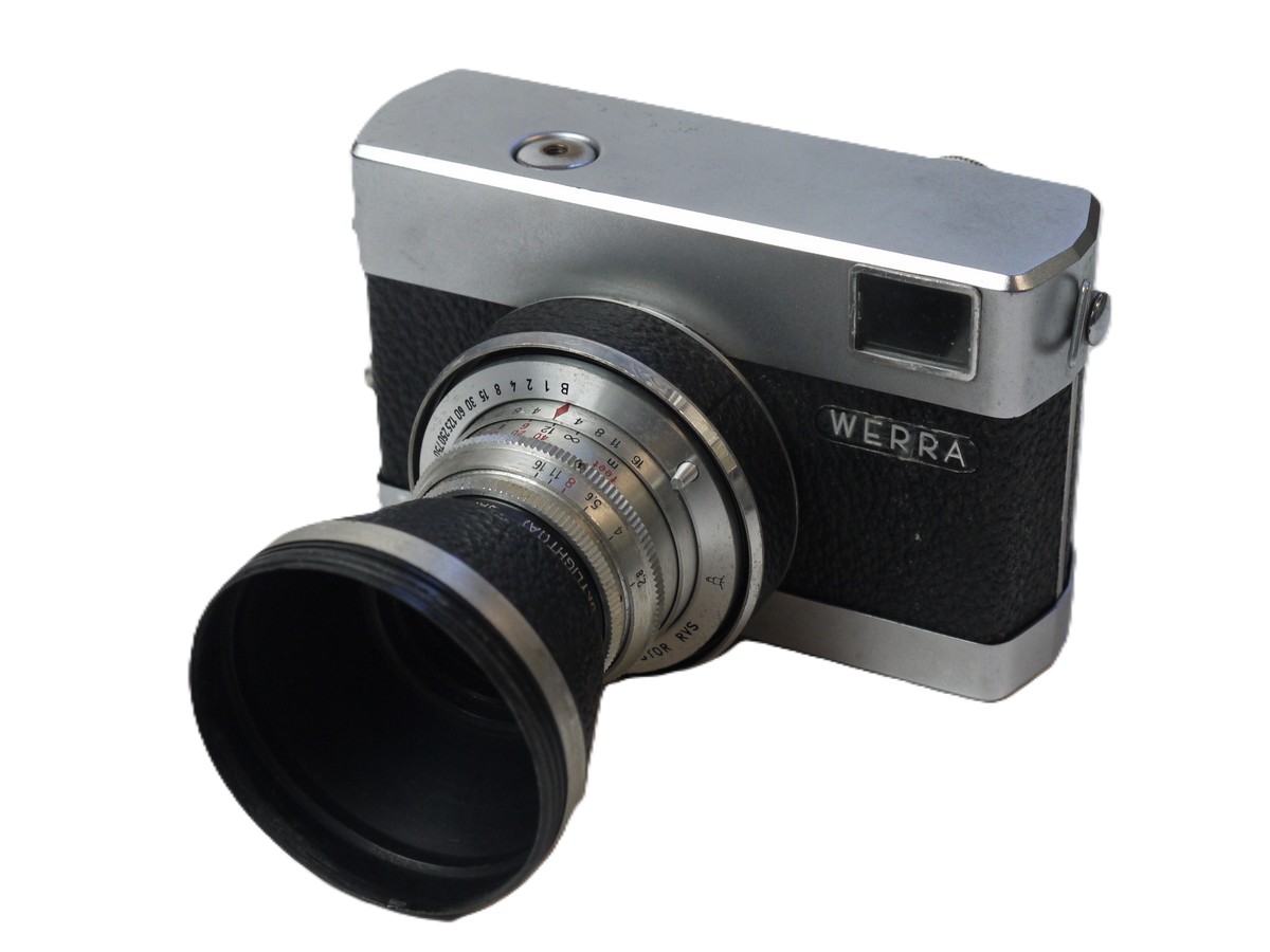 mwclassiccameras-20251024-8 Werra I 35mm Viewfinder Camera c1950's (Straight-Edged shape) with 50mm f2.8 Tessar fixed lens + Werra Reversible Lens Hood & Hoya 30.5mm Screw-in Skylight 1A filter