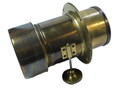 Derogy 11 Inch (Estimated) Brass lens with Rack & Pinion Focusing & Slot for Waterhousae Stops (One plastic Waterhouse Stop included), with brass lens hood & Flange