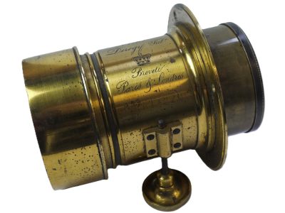 Derogy 220mm f3.5 Petzval Brass lens with Rack & Pinion focusing & Slot For Waterhouse stops (One Copper Stop included), with removable brass lens hood, Flange & Front Cap
