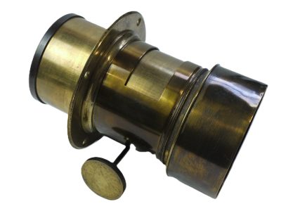 Derogy 11 Inch (Estimated) Brass lens with Rack & Pinion Focusing & Slot for Waterhousae Stops (One plastic Waterhouse Stop included), with brass lens hood & Flange